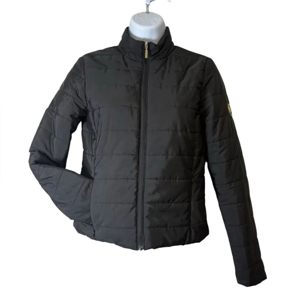 Michael Kors Black Quilted Puffer Jacket XS Gold MK Logo
